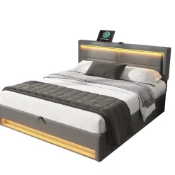 Lit 140x200 cm avec éclairage LED, ports USB rétractables et rangement, revêtement PU effet litchi gris