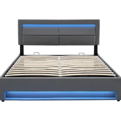 Lit 140x200 cm avec éclairage LED, ports USB rétractables et rangement, revêtement PU effet litchi gris