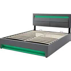 Lit 140x200 cm avec éclairage LED, ports USB rétractables et rangement, revêtement PU effet litchi gris