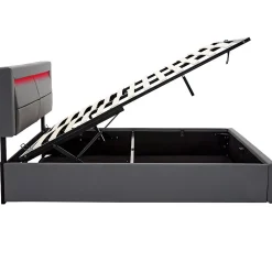 Lit 140x200 cm avec éclairage LED, ports USB rétractables et rangement, revêtement PU effet litchi gris
