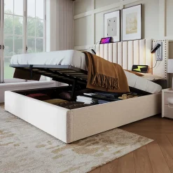 Lit 160x200 cm avec coffre de rangement et tête de lit réglable en tissu beige à rivets, design contemporain