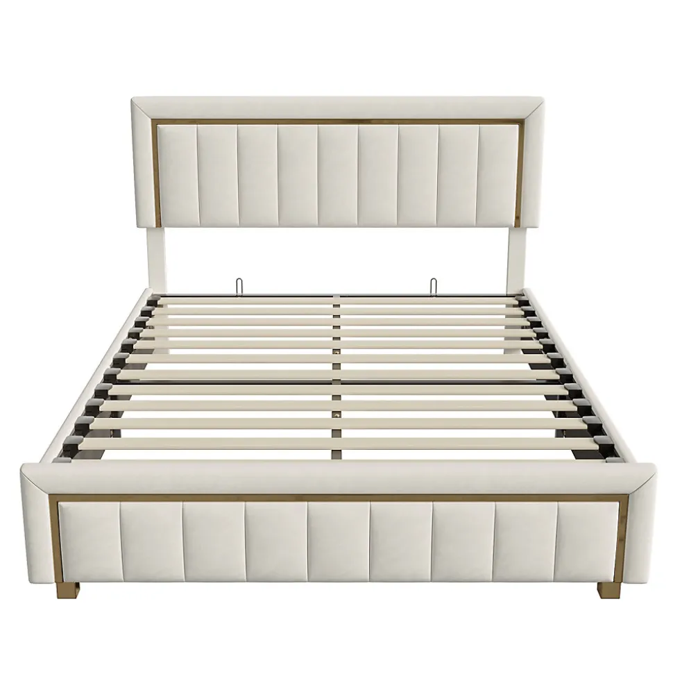 Lit 140x200 cm avec coffre de rangement, tête de lit, sommier à lattes, velours beige, pour ados et adultes