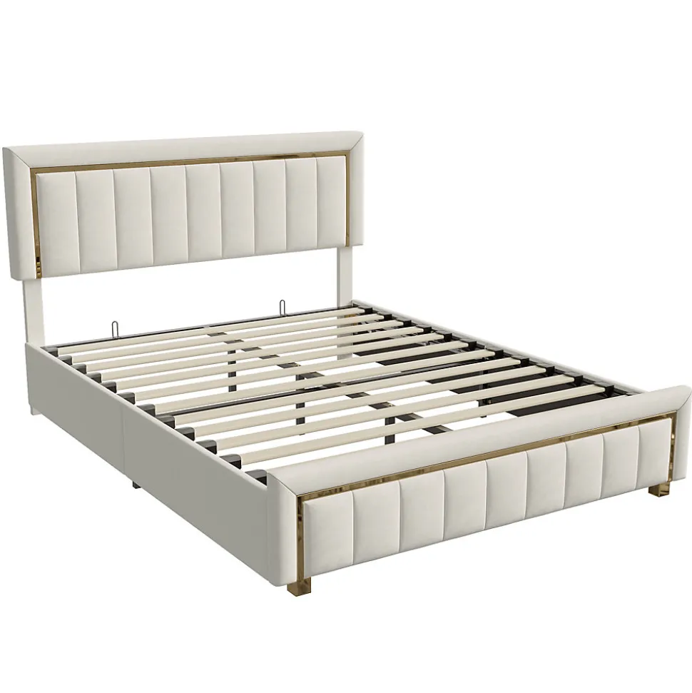 Lit 140x200 cm avec coffre de rangement, tête de lit, sommier à lattes, velours beige, pour ados et adultes
