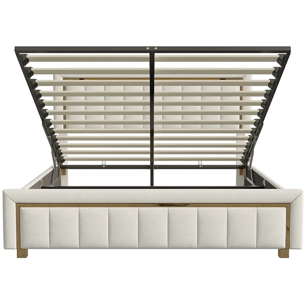 Lit 140x200 cm avec coffre de rangement, tête de lit, sommier à lattes, velours beige, pour ados et adultes