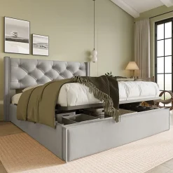 Lit 160x200 cm avec coffre de rangement et tête rembourrée en coton gris clair, cadre bois massif