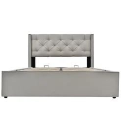 Lit 160x200 cm avec coffre de rangement et tête rembourrée en coton gris clair, cadre bois massif