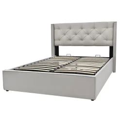 Lit 160x200 cm avec coffre de rangement et tête rembourrée en coton gris clair, cadre bois massif
