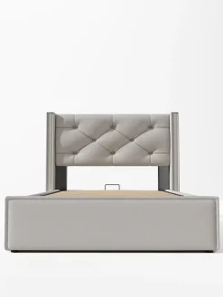 Lit 90x200 cm avec coffre de rangement, tête de lit matelassée en coton gris clair et sommier à lattes