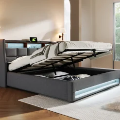 Lit 180x200 cm avec coffre de rangement et sommier relevable, tête de lit tapissée lin gris et LED