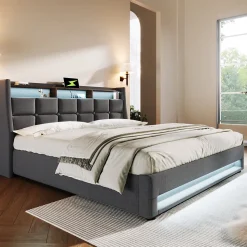Lit 180x200 cm avec coffre de rangement et sommier relevable, tête de lit tapissée lin gris et LED