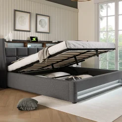 Lit 180x200 cm avec coffre de rangement et sommier relevable, tête de lit tapissée lin gris et LED