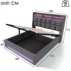 Lit 180x200 cm avec coffre de rangement et sommier relevable, tête de lit tapissée lin gris et LED