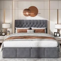 Lit 160x200 cm avec coffre de rangement et tête tapissée en velours gris, clous décoratifs, design minimaliste