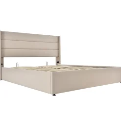 Lit 140x200 cm avec coffre de rangement hydraulique et tête de lit capitonnée en lin beige, design moderne