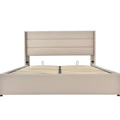 Lit 140x200 cm avec coffre de rangement hydraulique et tête de lit capitonnée en lin beige, design moderne