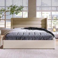 Lit 140x200 cm avec coffre de rangement hydraulique et tête de lit capitonnée en lin beige, design moderne
