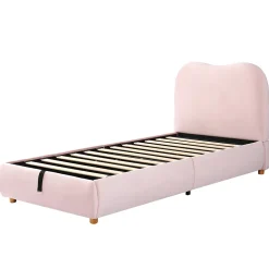 Lit 90x200 cm avec coffre de rangement, tête de lit matelassée 11 cm en velours rose, cadre sécurisé enfant