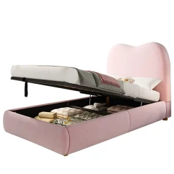 Lit 90x200 cm avec coffre de rangement, tête de lit matelassée 11 cm en velours rose, cadre sécurisé enfant