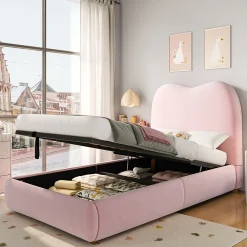 Lit 90x200 cm avec coffre de rangement, tête de lit matelassée 11 cm en velours rose, cadre sécurisé enfant