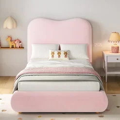 Lit 90x200 cm avec coffre de rangement, tête de lit matelassée 11 cm en velours rose, cadre sécurisé enfant