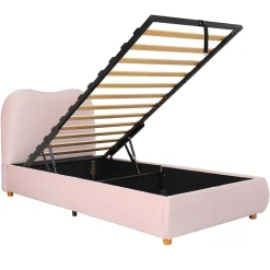 Lit 90x200 cm avec coffre de rangement, tête de lit matelassée 11 cm en velours rose, cadre sécurisé enfant