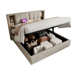 Lit 180x200 cm avec coffre et sommier relevable, tête de lit à niches tapissée lin naturel, style moderne