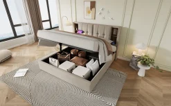 Lit 180x200 cm avec coffre et sommier relevable, tête de lit à niches tapissée lin naturel, style moderne