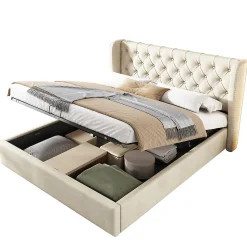 Lit 160x200 cm avec coffre et tête de lit haute capitonnée style Chesterfield en velours beige, cadre solide
