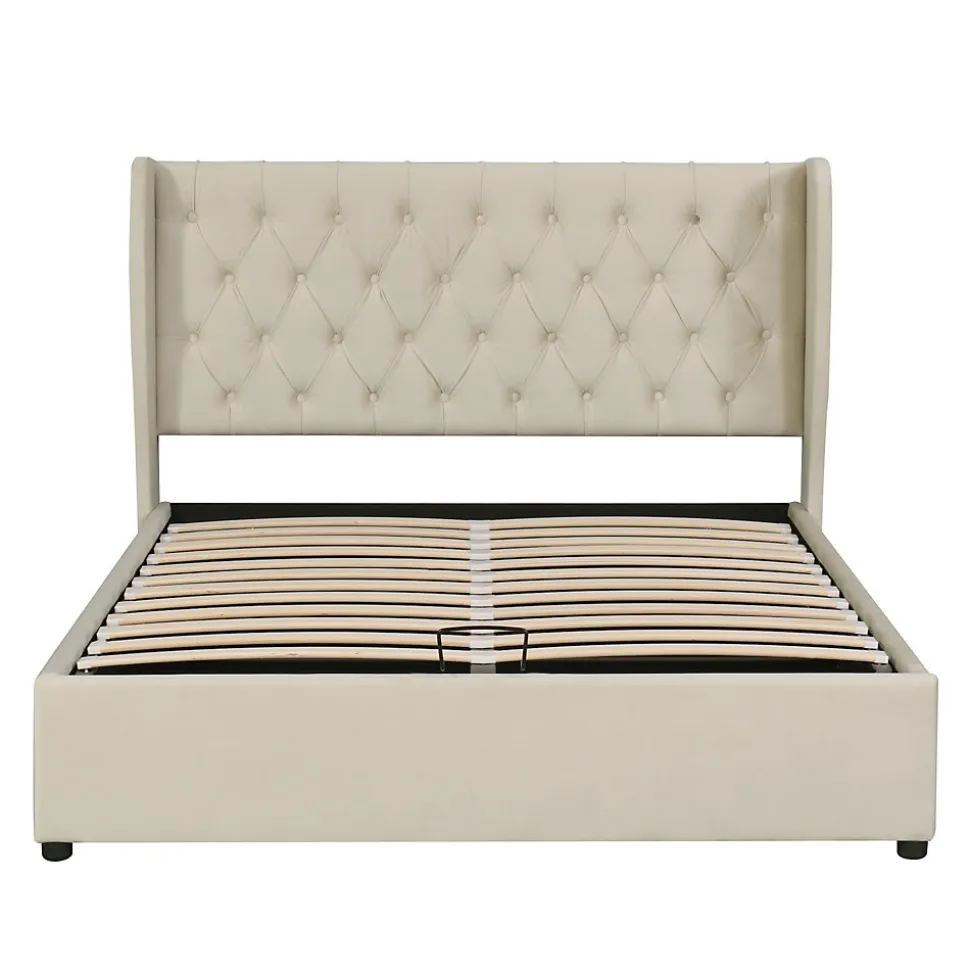 Lit 160x200 cm avec coffre et tête de lit haute capitonnée style Chesterfield en velours beige, cadre solide