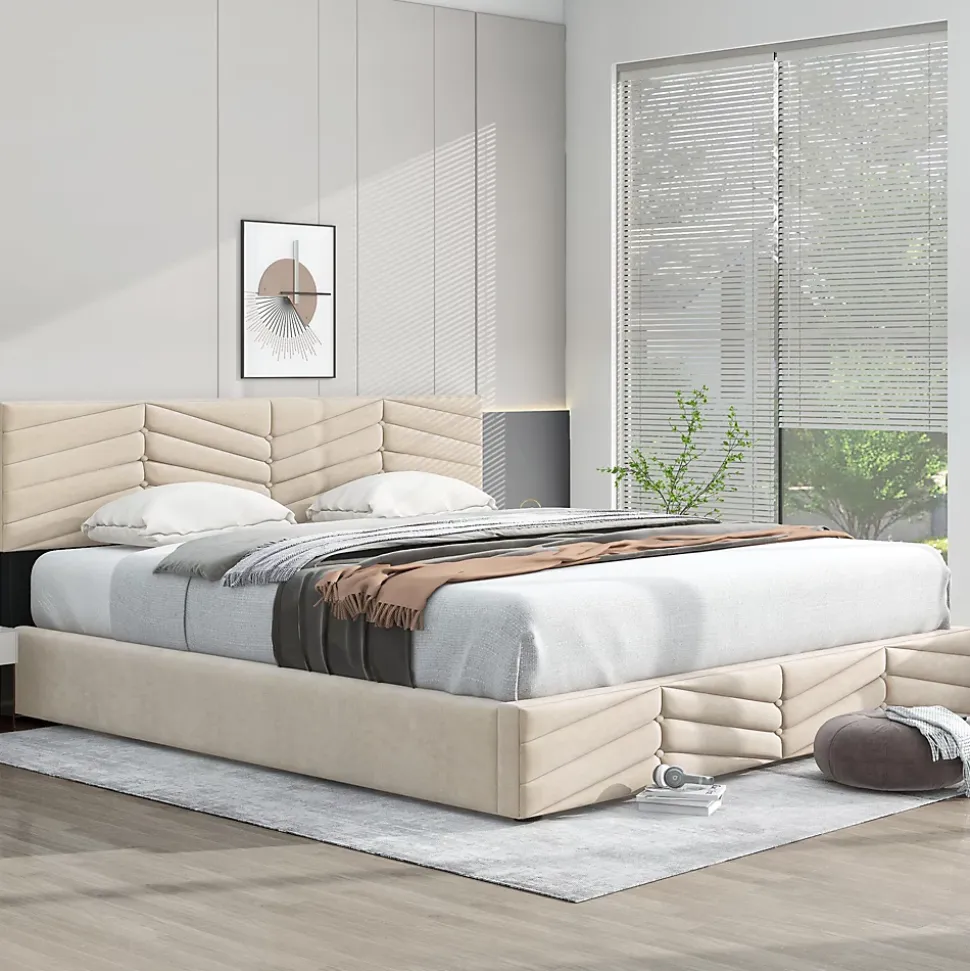 Lit 160x200 cm avec coffre hydraulique et tête de lit réglable, tapissé velours beige, design contemporain
