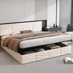 Lit 160x200 cm avec coffre hydraulique et tête de lit réglable, tapissé velours beige, design contemporain