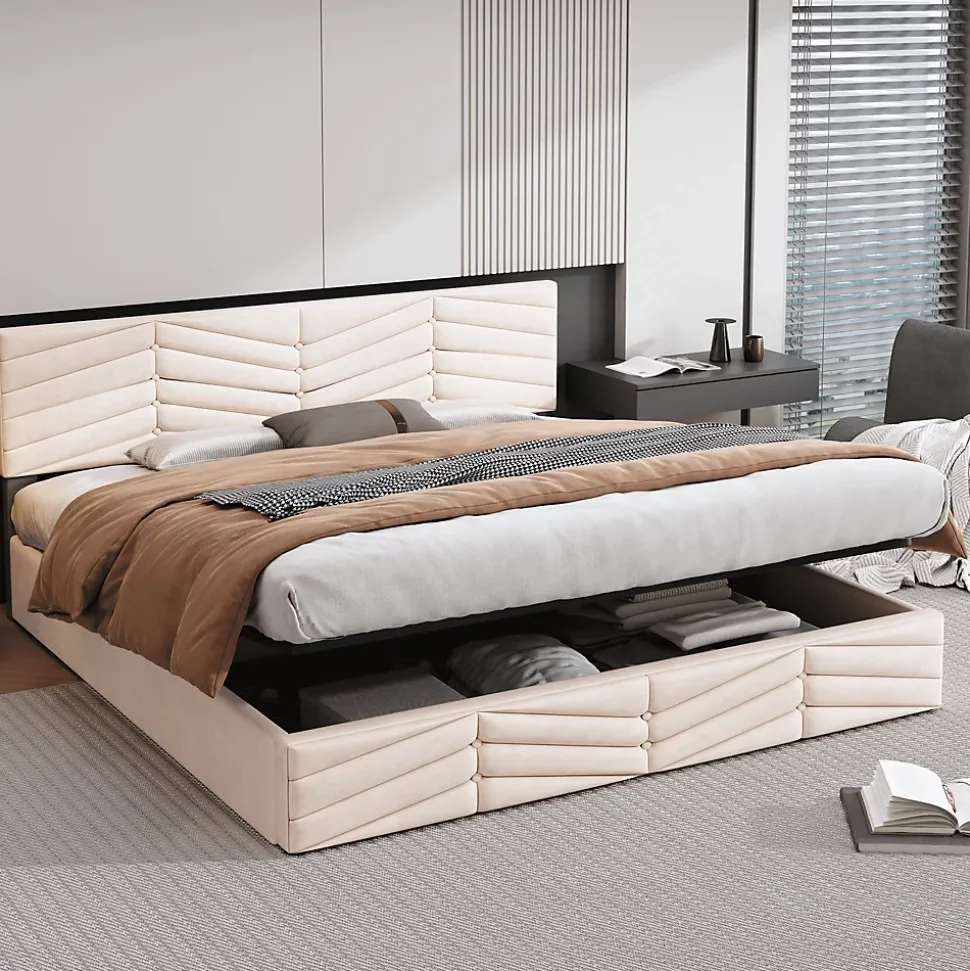 Lit 160x200 cm avec coffre hydraulique et tête de lit réglable, tapissé velours beige, design contemporain