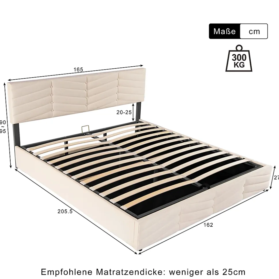 Lit 160x200 cm avec coffre hydraulique et tête de lit réglable, tapissé velours beige, design contemporain