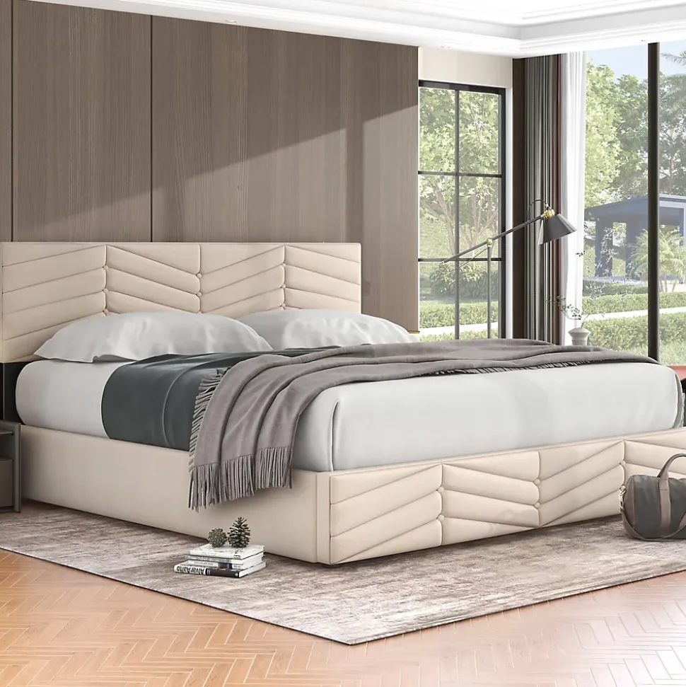 Lit 160x200 cm avec coffre hydraulique et tête de lit réglable, tapissé velours beige, design contemporain