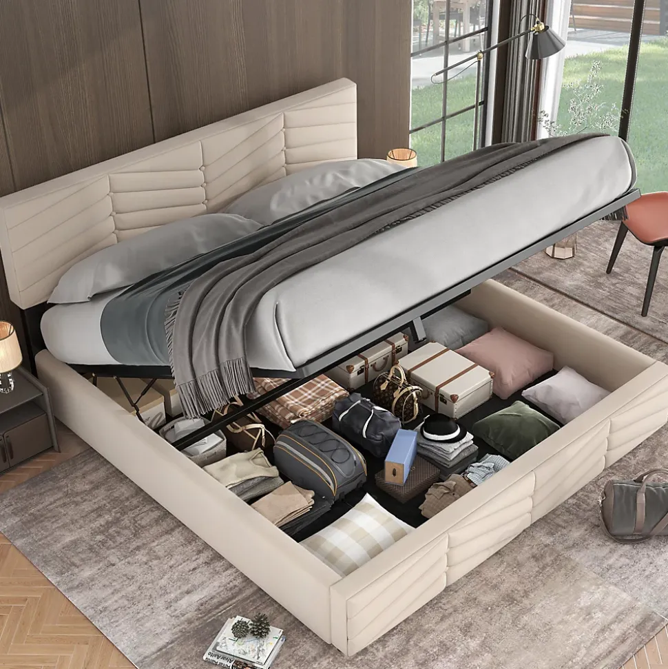 Lit 160x200 cm avec coffre hydraulique et tête de lit réglable, tapissé velours beige, design contemporain