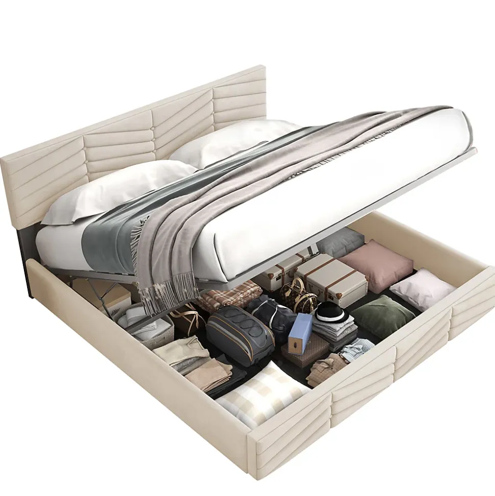 Lit 160x200 cm avec coffre hydraulique et tête de lit réglable, tapissé velours beige, design contemporain