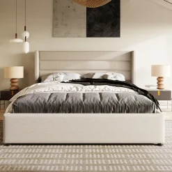 Lit 160x200 cm avec coffre hydraulique et tête de lit rembourrée en lin beige, design moderne