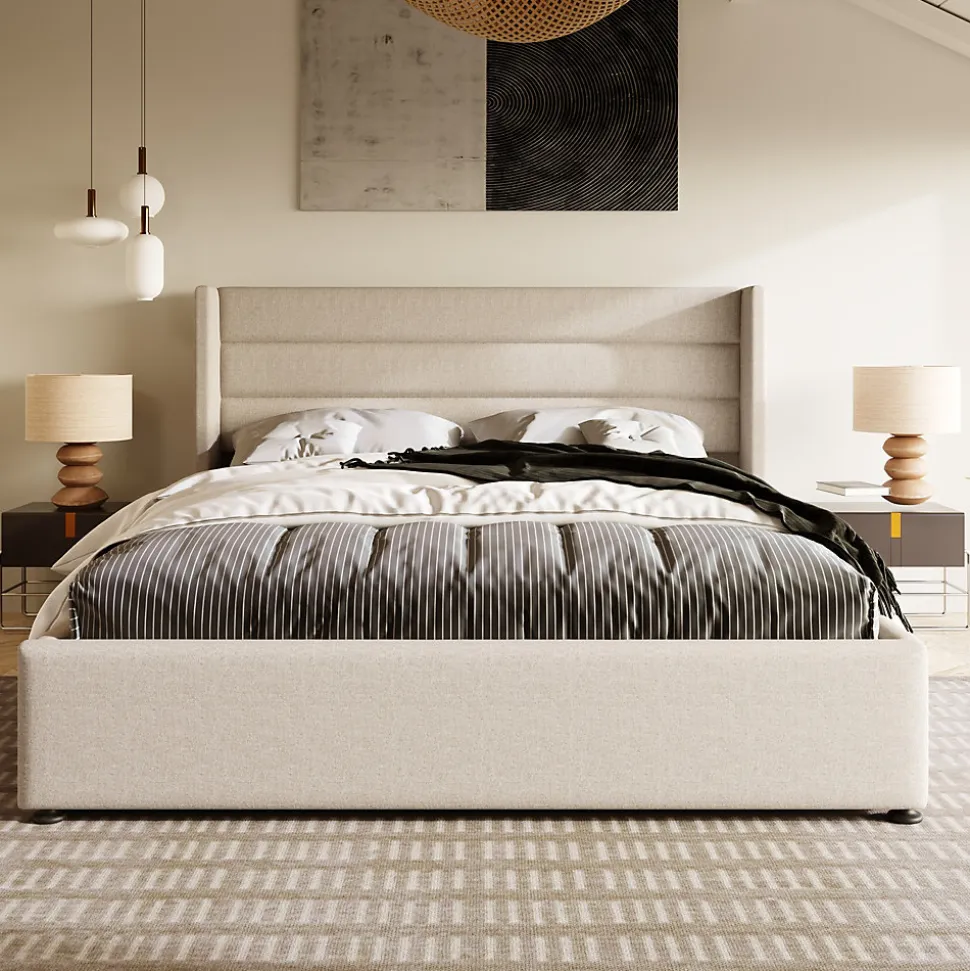 Lit 160x200 cm avec coffre hydraulique et tête de lit rembourrée en lin beige, design moderne