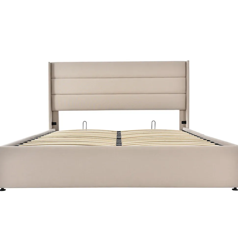 Lit 160x200 cm avec coffre hydraulique et tête de lit rembourrée en lin beige, design moderne