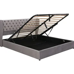 Lit 160x200 cm avec coffre hydraulique et tête de lit capitonnée en velours gris