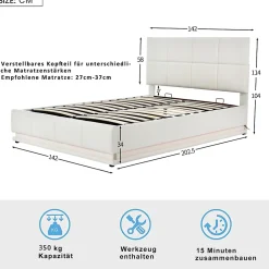 Lit 140x200 cm avec coffre hydraulique et éclairage LED, tête et cadre tapissés similicuir blanc contemporain