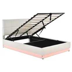 Lit 140x200 cm avec coffre hydraulique et éclairage LED, tête et cadre tapissés similicuir blanc contemporain