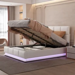 Lit 140x200 cm avec coffre hydraulique et éclairage LED, tête et cadre tapissés similicuir blanc contemporain