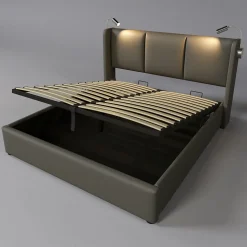 Lit 140x200 cm avec coffre lumiere de lecture ports USB cadre PU avec sommier sans matelas
