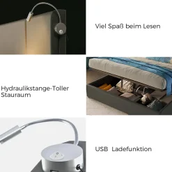 Lit 140x200 cm avec coffre lumiere de lecture ports USB cadre PU avec sommier sans matelas