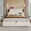 Lit 180x200 cm avec coffre, tête réglable à rivets, liseuse USB et revêtement coton-lin beige, cadre métal