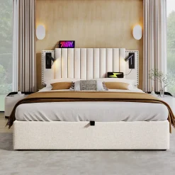 Lit 180x200 cm avec coffre, tête réglable à rivets, liseuse USB et revêtement coton-lin beige, cadre métal
