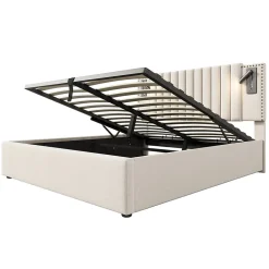 Lit 180x200 cm avec coffre, tête réglable à rivets, liseuse USB et revêtement coton-lin beige, cadre métal