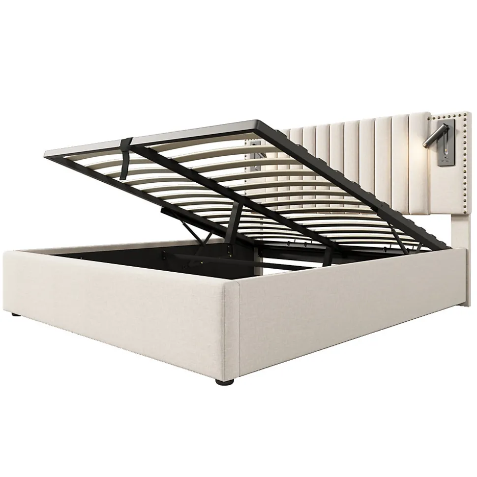 Lit 180x200 cm avec coffre, tête réglable à rivets, liseuse USB et revêtement coton-lin beige, cadre métal