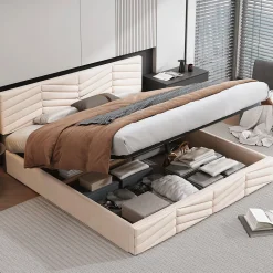 Lit 180x200 cm avec coffre, tête de lit réglable (5 cm) et revêtement velours beige, style élégant